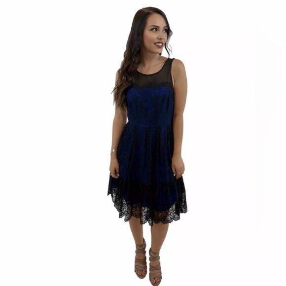 NWT Moulinette Soeurs X Anthropologie Blue & Black Lace Sleeveless A-Line Dress - Picture 6 of 16